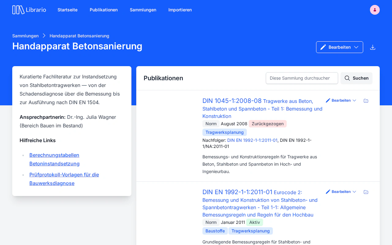 Eine Themen-Sammlung „Handapparat Betonsanierung" in Librario mit den enthaltenen Publikationen.