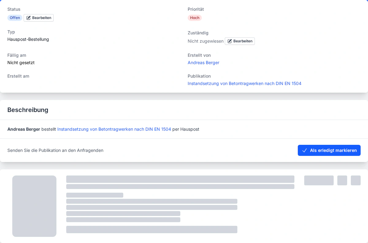 Die Detailansicht einer Aufgabenkarte mit Titel, Status, Priorität, Fälligkeitsdatum, zuständiger Person und Beschreibung.