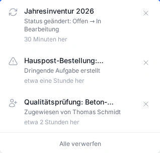 Das Benachrichtigungs-Dropdown mit einer Liste ungelesener Aufgaben-Benachrichtigungen.
