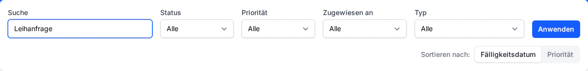 Die Filterleiste des Kanban-Boards mit Feldern für Suche, Status, Priorität, Zuständigkeit und Aufgabentyp.