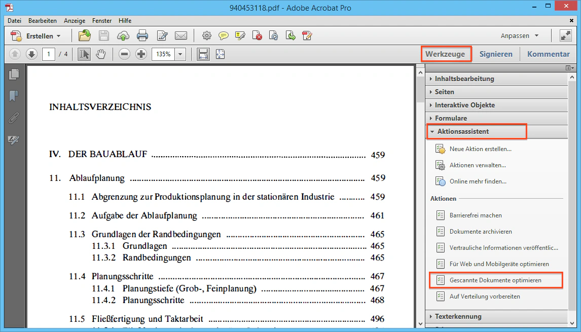 Aktionsassistent in Adobe Acrobat mit der Aktion "Gescannte Dokumente optimieren".