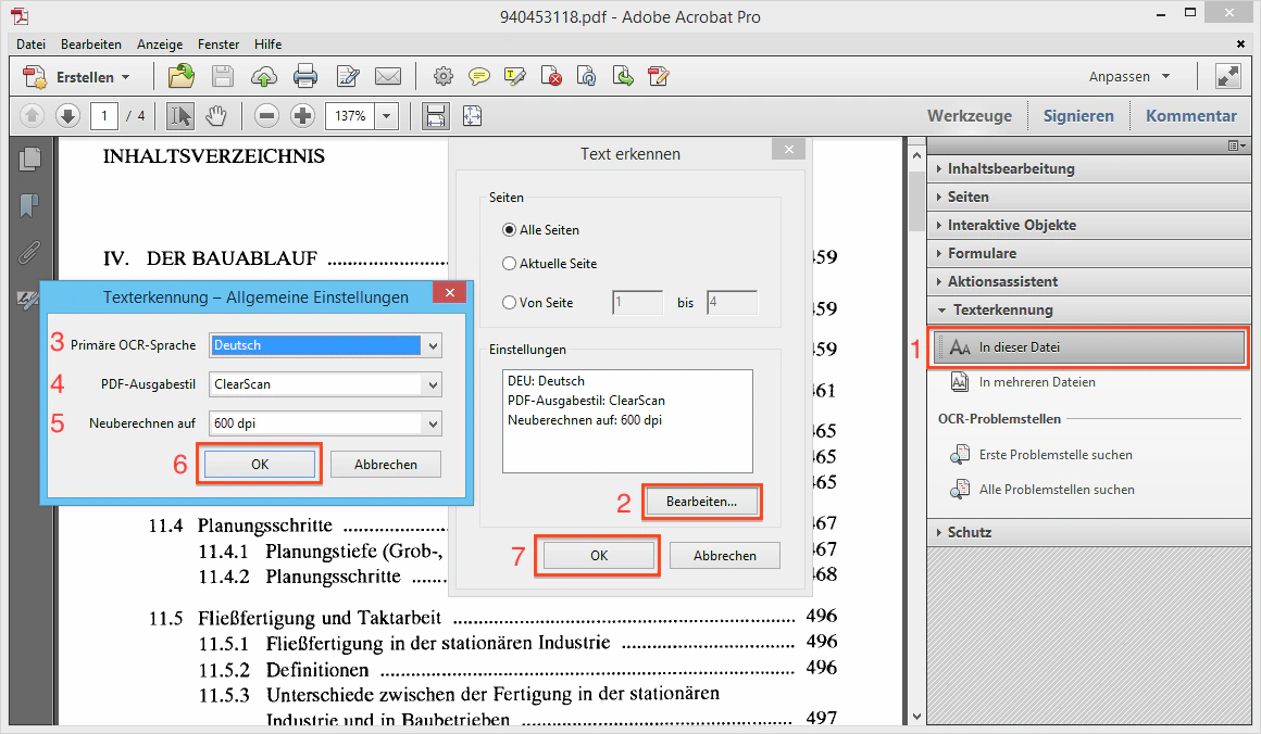 Dialogfeld "Text erkennen" in Adobe Acrobat mit Spracheinstellung und PDF-Ausgabestil "ClearScan".
