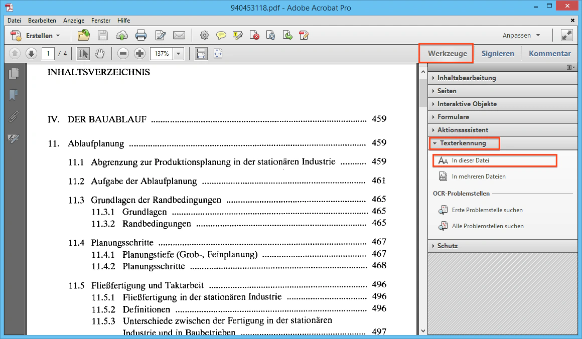 Werkzeugleiste von Adobe Acrobat mit geöffnetem Reiter "Texterkennung" und der Option "In dieser Datei".