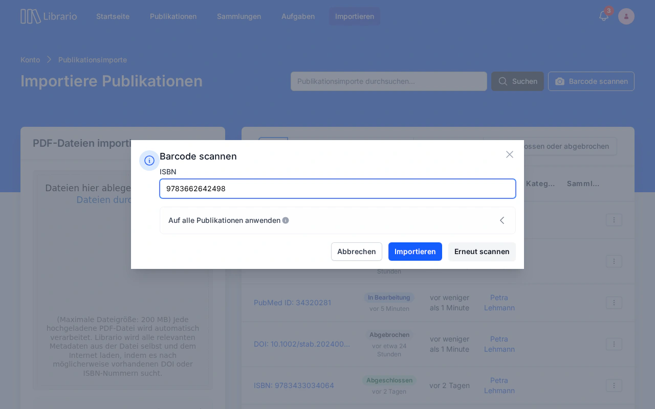 Bestätigungsdialog des Barcode-Scanners mit erkannter ISBN im Eingabefeld und Schaltflächen zum Importieren oder erneuten Scannen