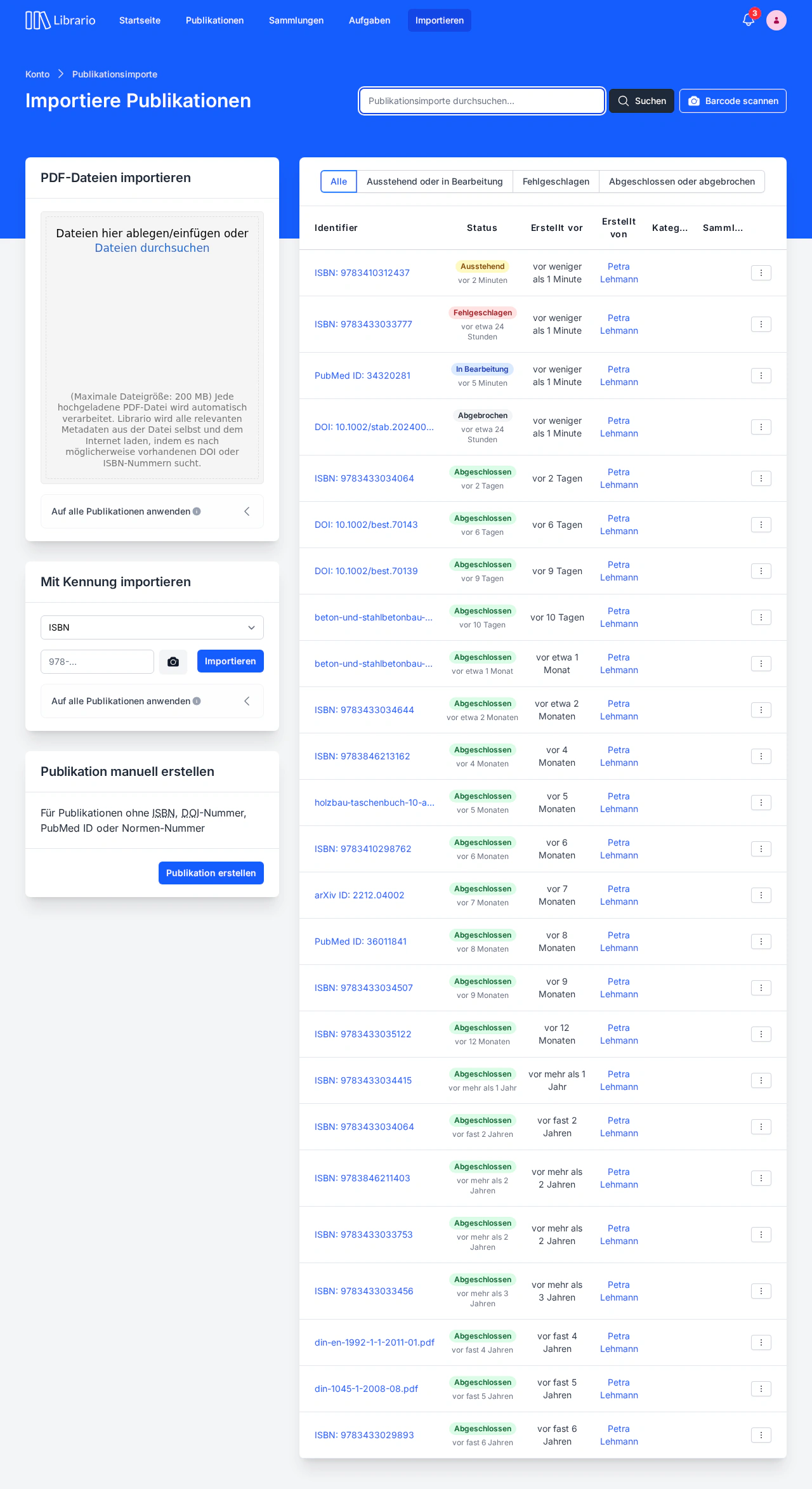 Importieren-Übersichtsseite mit vorhandenen Importen: Drei-geteilte Ansicht mit Import-Optionen links, Filterliste oben und Tabelle der abgeschlossenen Importe mit Status-Informationen.