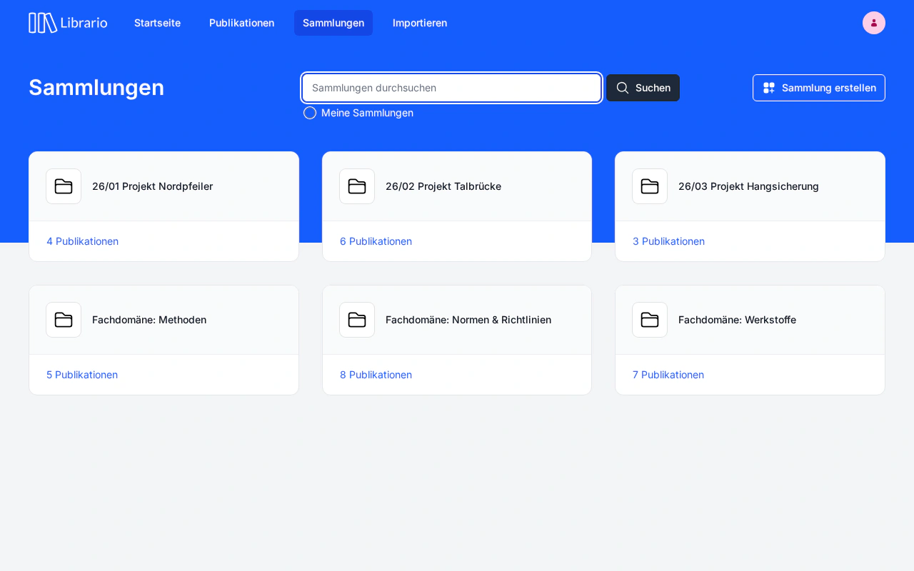 Librario Sammlungsübersicht mit Kompetenzcenter-Karten, je mit Publikationszahl und Ansprechpersonen.